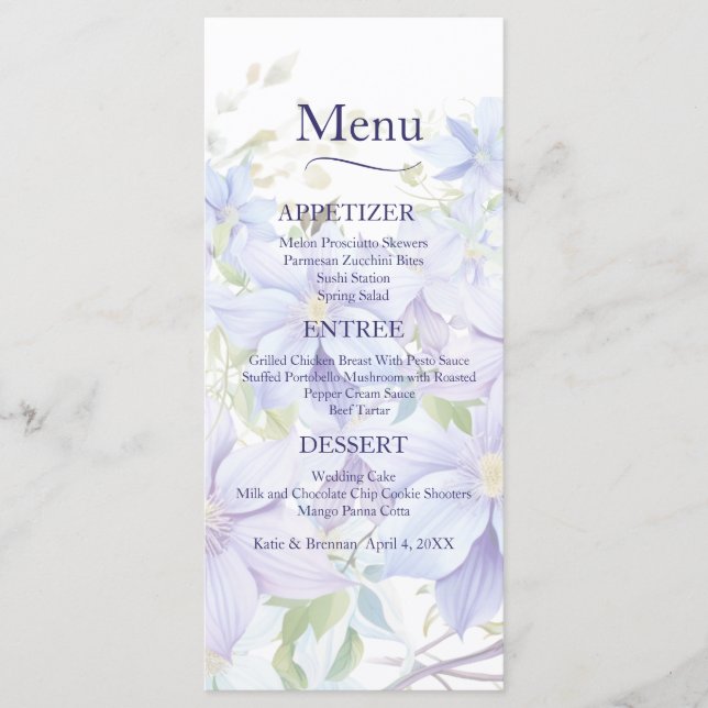 Elegant Periwinkle Clematis Wedding Menu Menükarte (Vorderseite)