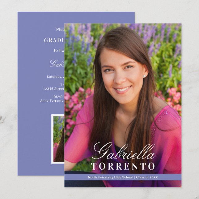 Elegant Periwinkle Custom Foto Graduation Party Einladung (Vorne/Hinten)