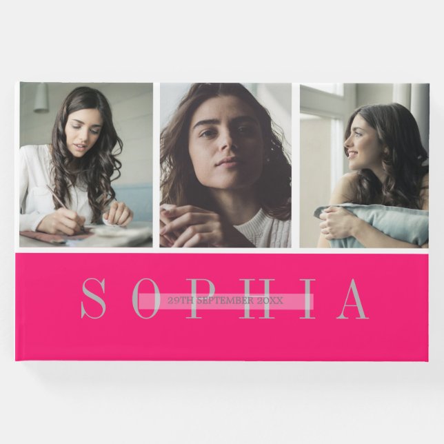 Elegant Personal 3 Foto Bat Mitzvah Pink Gästebuch (Vorderseite)