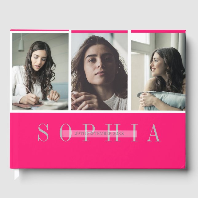 Elegant Personal 3 Foto Bat Mitzvah Pink Gästebuch (Vorderseite)