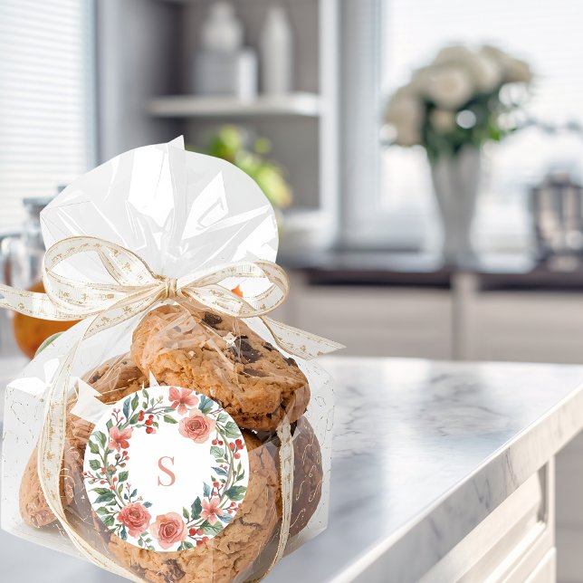 Elegant Personalised Floral Watercolour Monogram   Runder Aufkleber (Floral Wreath Sticker)