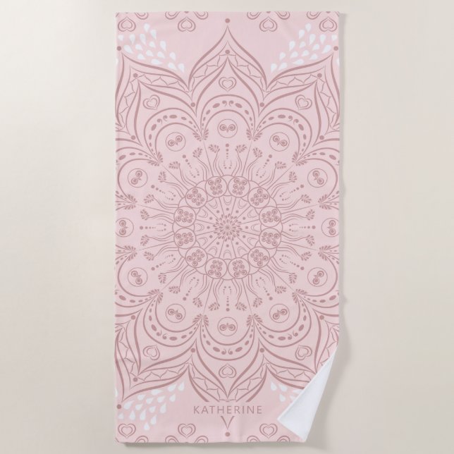 Elegant Personalisiert Boho Blush Pink Mandala Strandtuch (Vorderseite)