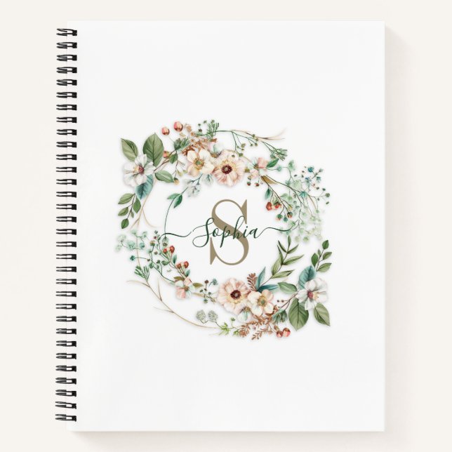 Elegant Personalized Floral Monogram Name Notebook Notizbuch (Vorderseite)