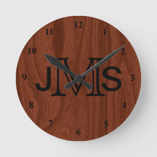 Elegant Personalized Monogram   Mahogany Wood Look Runde Wanduhr