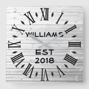 Elegant Personalized Rustic White Wood Quadratische Wanduhr