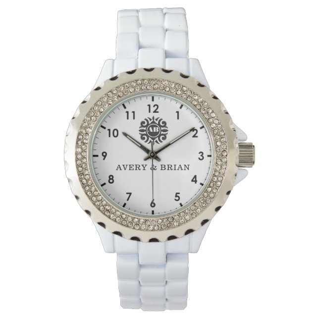 Elegant Personalized White & Black Monogram custom Armbanduhr (Vorderseite)