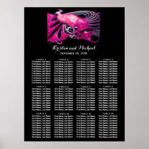 ELEGANT PFau Schwarz Rosa Hochzeits-Sitzplan Poster