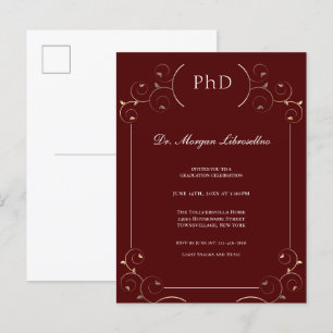 Elegant PhD Gold Burgundy Einladungspostkarte