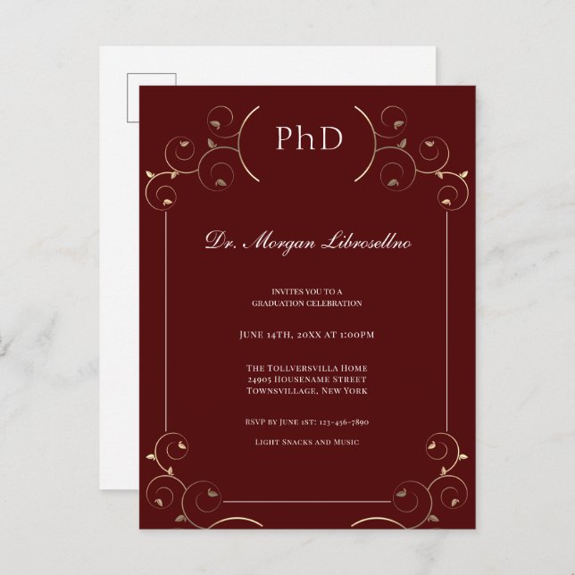 Elegant PhD Gold Burgundy Einladungspostkarte (Vorne/Hinten)