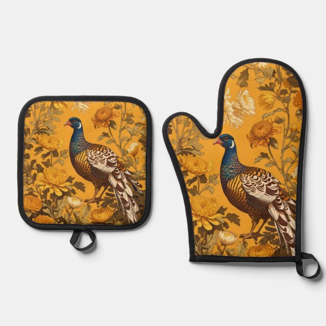 Elegant Pheasant William Morris Inspiriert Ofenhandschuh & Topflappen-Set (Vorderseite)