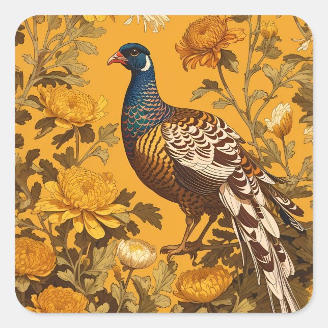 Elegant Pheasant William Morris Inspiriert Quadratischer Aufkleber (Vorderseite)
