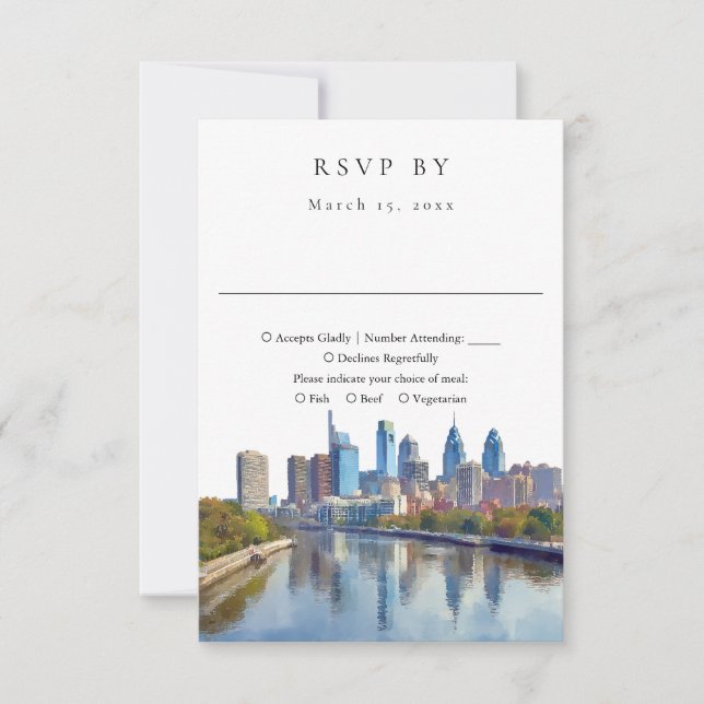Elegant Philadelphia Skyline Watercolor Wedding RSVP Karte (Vorderseite)