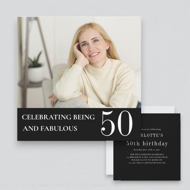 Elegant Photo 50th Birthday Black White Invitation Einladung (Von Creator hochgeladen)