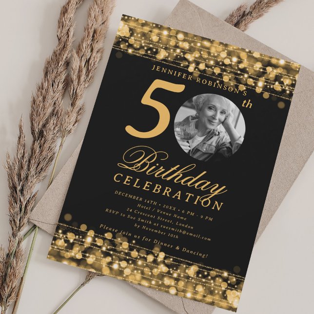 Elegant Photo 50th Birthday Party Gold Lights Einladung (Elegant Photo 50th Birthday Party Gold Lights Invitation)