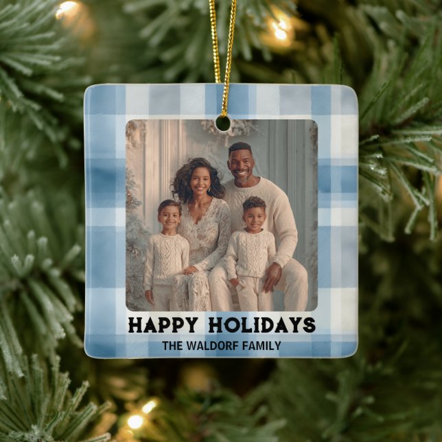 Elegant Photo Blue Plaid Christmas Ornament  (Baum)