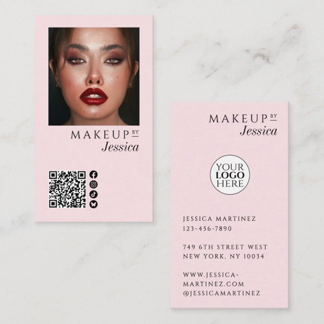 Elegant Photo Blush Pink QR Code Social Makeup Visitenkarte (Vorne/Hinten)