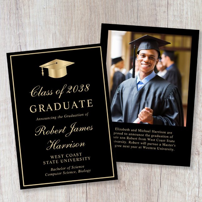 Elegant Photo Gold Grad Cap Black Graduation Ankündigung (Elegant Photo Gold Grad Cap Black Graduation Announcement)