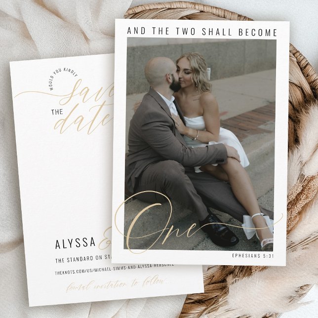 Elegant Photo Modern Typography Christian Wedding Save The Date (Elegant simple modern Christian bible verse engagement photo gold black and white wedding invitation)