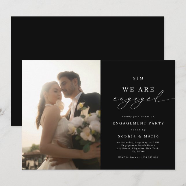 Elegant Photo & Monogram Black Engagement Party Einladung (Vorne/Hinten)