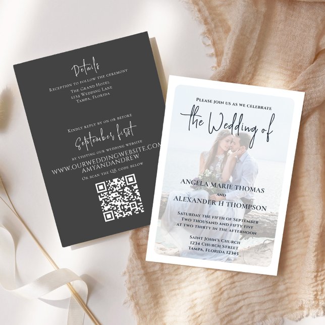 Elegant Photo Overlay Simple Dark Grey QR Code Einladung (Elegant Wedding invitation with a minimalist photo vellum photo overlay effect.)