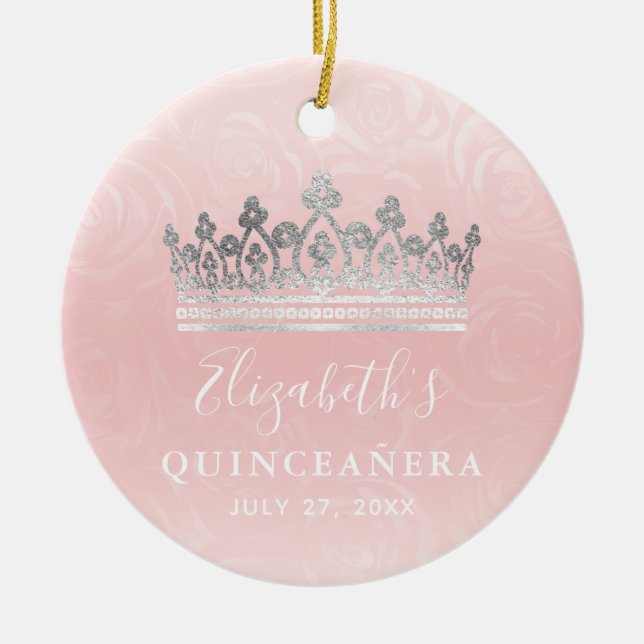 Elegant Photo Silver and Blush Pink Quinceanera Keramik Ornament (Vorne)