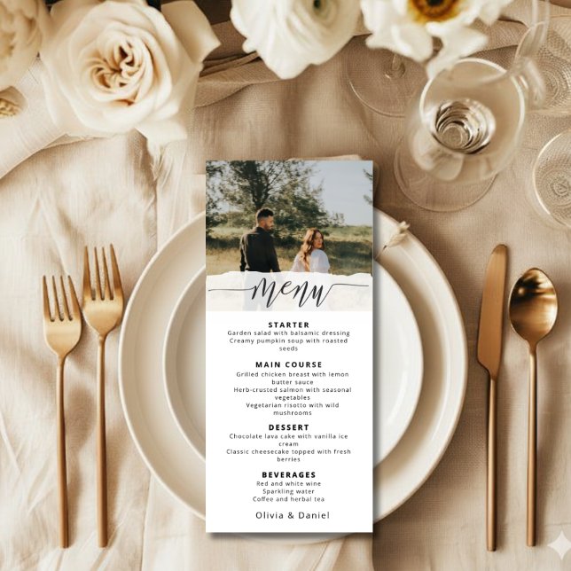 Elegant Photo Wedding Menu with Modern Script Menükarte (Von Creator hochgeladen)