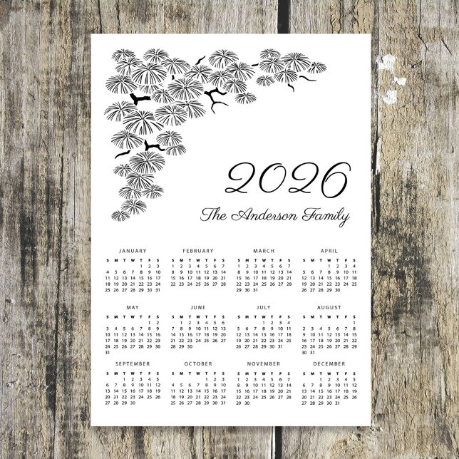 Elegant Pine Branch Botanical Calendar 2026 Magnetkarte (Von Creator hochgeladen)