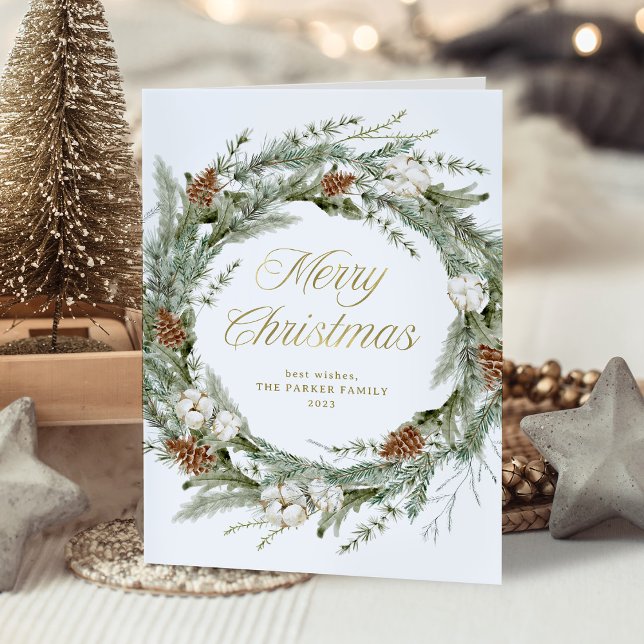Elegant Pine Greenery | Gold Frohe Weihnachten (An elegant holiday card with a traditional Christmas wreath and gold script)