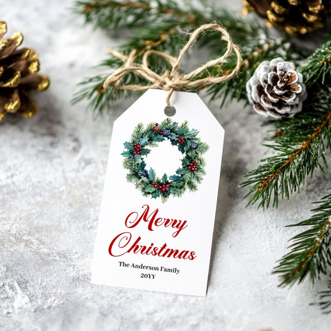 Elegant Pine Wreath Christmas Tag with Name Geschenkanhänger (Elegant Pine Wreath Christmas Tag with Name)