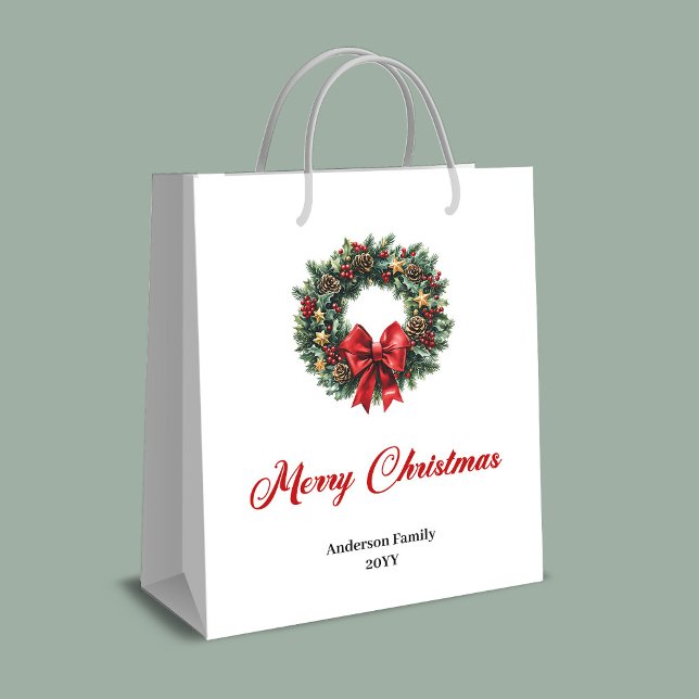 Elegant pine wreath gift bag red green gold tones mittlere geschenktüte (Elegant pine wreath gift bag red green gold tone)