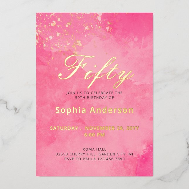Elegant Pink 50. Geburtstag Folieneinladung (Vorderseite)