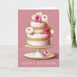 Elegant Pink And Gold Floral Birthday Cake Karte