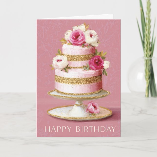 Elegant Pink And Gold Floral Birthday Cake Karte (Vorderseite)