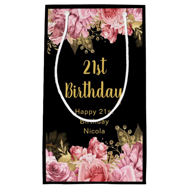 Elegant Pink and Gold Flowers Birthday Kleine Geschenktüte (Vorderseite)