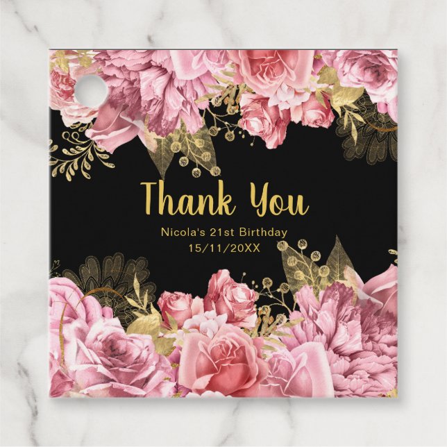 Elegant Pink and Gold Flowers Birthday Party Geschenkanhänger (Vorderseite)