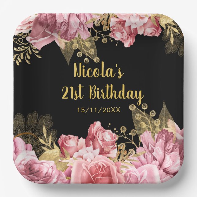 Elegant Pink and Gold Flowers Birthday Party Pappteller (Vorderseite)