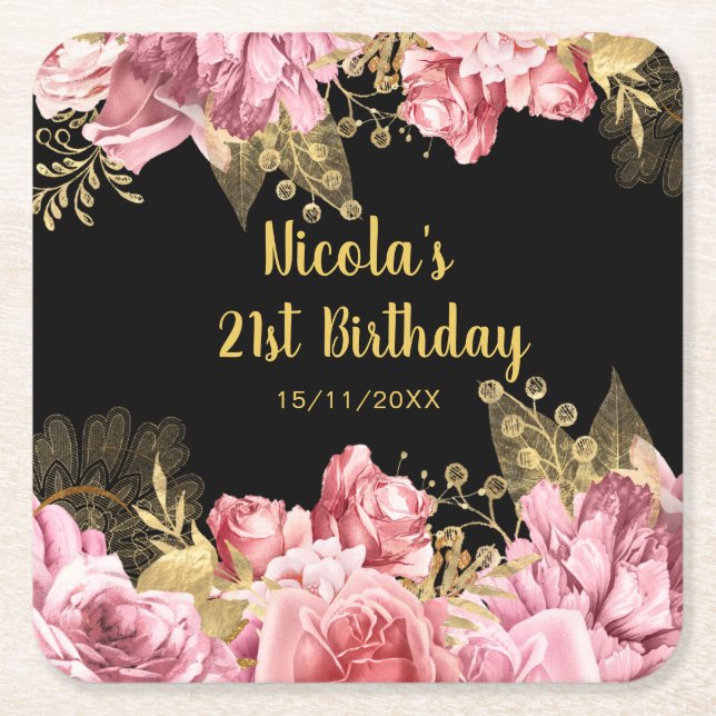 Elegant Pink and Gold Flowers Birthday Party  Rechteckiger Pappuntersetzer (Vorderseite)