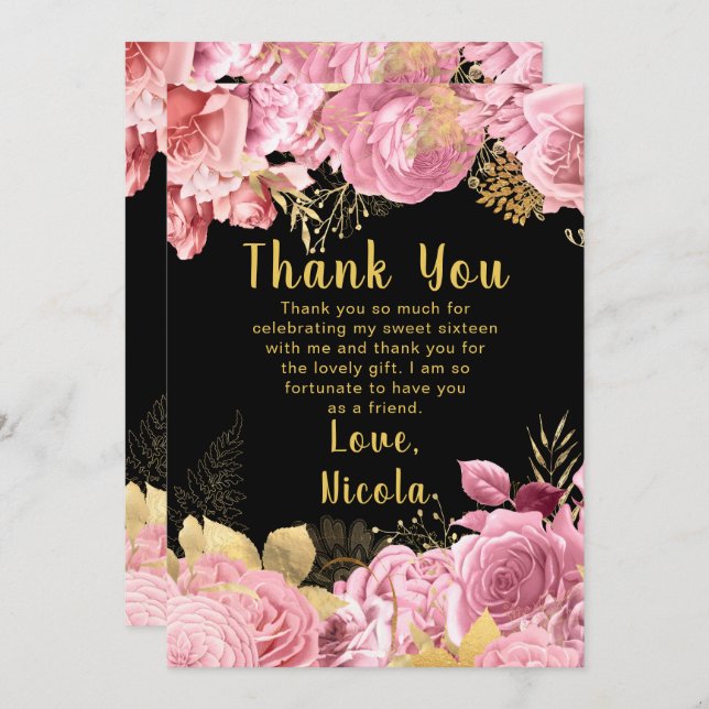 Elegant Pink and Gold Flowers Sweet Sixteen Dankeskarte (Vorne/Hinten)