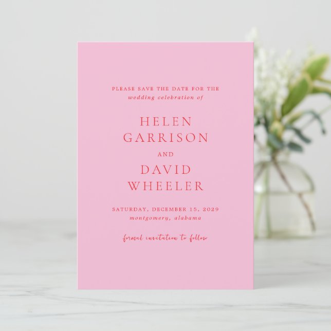 Elegant Pink and Red Classic Wedding Save The Date (Stehend Vorderseite)