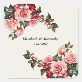 Elegant pink and red roses floral wedding quadratischer aufkleber