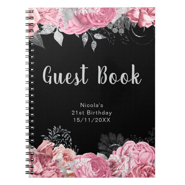 Elegant Pink and Silver Flower Birthday Guest Book Notizblock (Vorderseite)