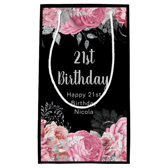 Elegant Pink and Silver Flowers Birthday Kleine Geschenktüte (Vorderseite)