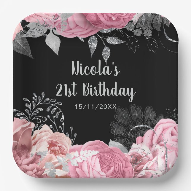 Elegant Pink and Silver Flowers Birthday Party Pappteller (Vorderseite)