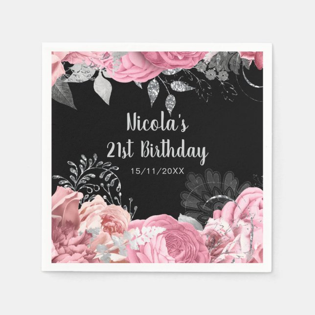 Elegant Pink and Silver Flowers Birthday Party Serviette (Vorderseite)
