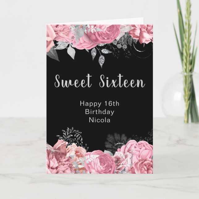 Elegant Pink and Silver Flowers Sweet Sixteen Karte (Vorderseite)