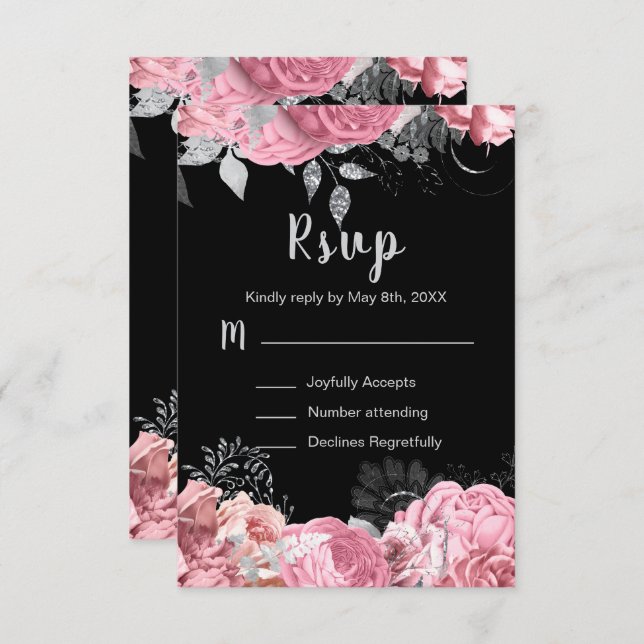 Elegant Pink and Silver Flowers Sweet Sixteen RSVP Karte (Vorne/Hinten)