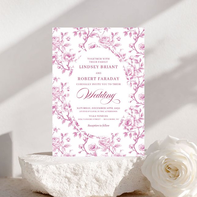 Elegant Pink and White Floral Toile Wedding Invite Einladung (Elegant Pink and White Floral Toile Wedding Invite)