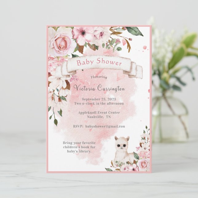 Elegant Pink Baby Girl Floral Script Baby Shower Einladung (Stehend Vorderseite)