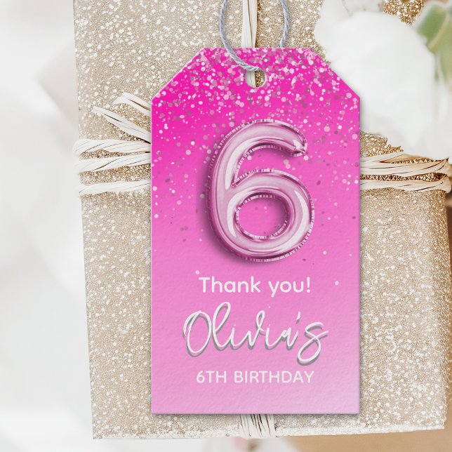 Elegant Pink Balloon 6th Birthday Girl Geschenkanhänger (Von Creator hochgeladen)