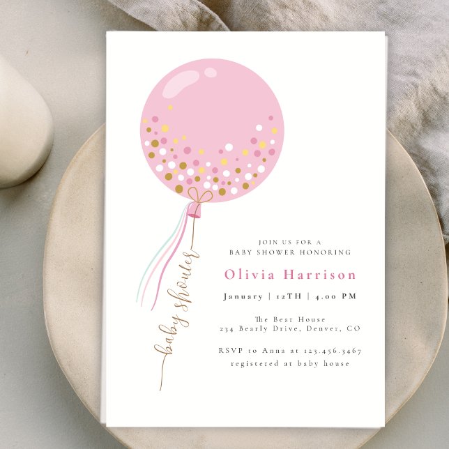 Elegant Pink Balloon Girl Baby Shower Einladung (Elegant Pink Balloon Girl Baby Shower Invitation)